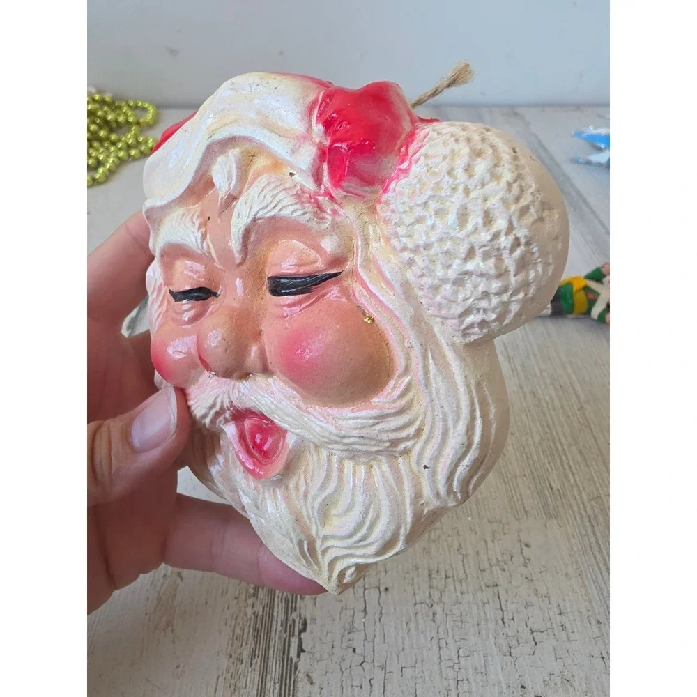 Vintage plaster Santa hanging ornament chalkware Xmas decor tree
